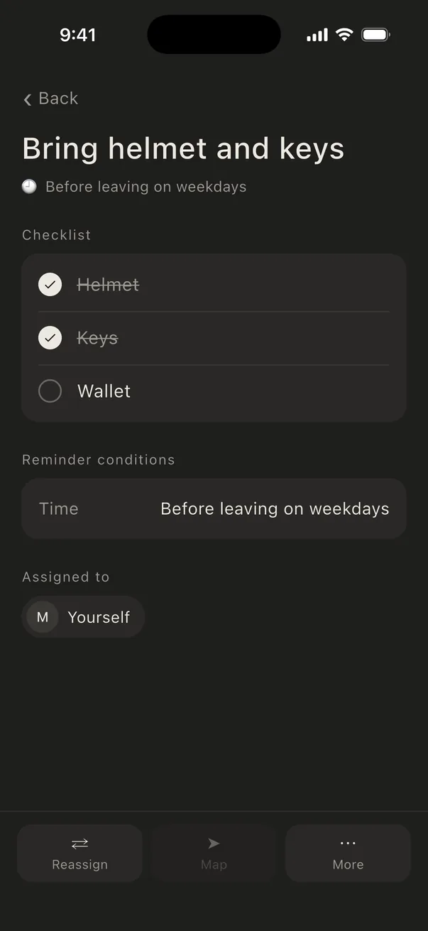 Checklist before leaving: helmet, keys, wallet